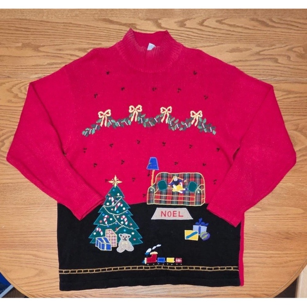 OHI Christmas Sweater Red Patchwork Embroidered  Mockneck Size XL Vintage